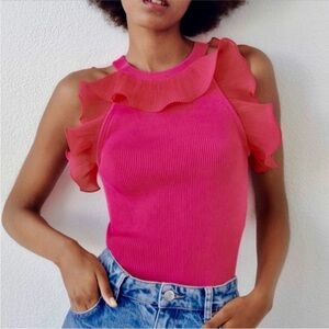 Zara Pink Ruffle Detail Ribbed Tank Top